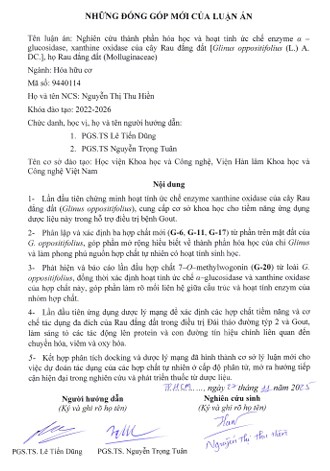Thông tin tóm tắt về những đóng góp mới của luận án tiến sĩ: Nghiên cứu thành phần hóa học và hoạt tính ức chế enzyme α – glucosidase, xanthine oxidase của cây Rau đắng đất [Glinus oppositifolius (L.) A. DC.], họ Rau đắng đất (Molluginaceae)