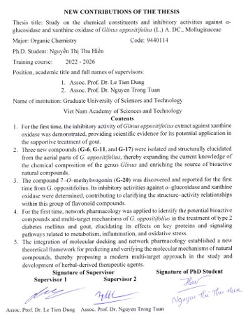 Thông tin tóm tắt về những đóng góp mới của luận án tiến sĩ: Nghiên cứu thành phần hóa học và hoạt tính ức chế enzyme α – glucosidase, xanthine oxidase của cây Rau đắng đất [Glinus oppositifolius (L.) A. DC.], họ Rau đắng đất (Molluginaceae)