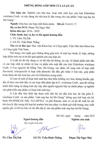 Thông tin tóm tắt về những đóng góp mới của luận án tiến sĩ: Nghiên cứu hóa học, hoạt tính sinh học của loài Elsholtzia winitiana Craib. và xây dựng chỉ tiêu hoá lý đặc trưng cho sản phẩm “mật ong bạc hà Hà Giang”.