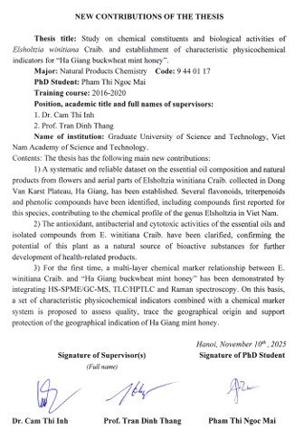 Thông tin tóm tắt về những đóng góp mới của luận án tiến sĩ: Nghiên cứu hóa học, hoạt tính sinh học của loài Elsholtzia winitiana Craib. và xây dựng chỉ tiêu hoá lý đặc trưng cho sản phẩm “mật ong bạc hà Hà Giang”.