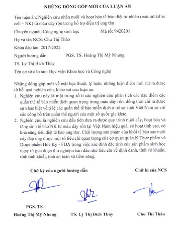 Thông tin tóm tắt về những đóng góp mới của luận án tiến sĩ: Nghiên cứu nhân nuôi và hoạt hóa tế bào diệt tự nhiên (Natural Killer Cell – NK) từ máu dây rốn trong hỗ trợ điều trị ung thư