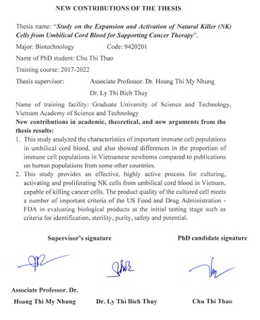 Thông tin tóm tắt về những đóng góp mới của luận án tiến sĩ: Nghiên cứu nhân nuôi và hoạt hóa tế bào diệt tự nhiên (Natural Killer Cell – NK) từ máu dây rốn trong hỗ trợ điều trị ung thư