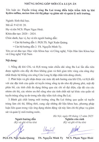Thông tin tóm tắt về những đóng góp mới của luận án tiến sĩ: Tuyến trùng sông Ba Lai trong điều kiện trầm tích tụ khí hydro sulfua, metan làm chỉ thị phục vụ giám sát và quản lý môi trường.