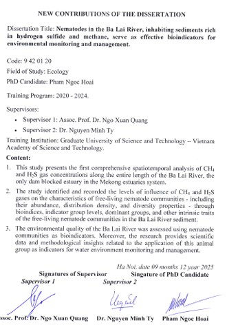 Thông tin tóm tắt về những đóng góp mới của luận án tiến sĩ: Tuyến trùng sông Ba Lai trong điều kiện trầm tích tụ khí hydro sulfua, metan làm chỉ thị phục vụ giám sát và quản lý môi trường.