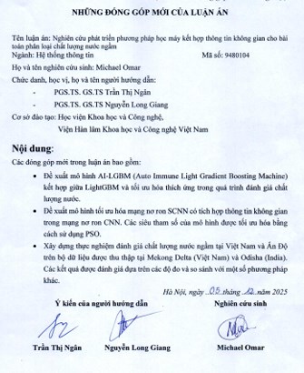 Thông tin tóm tắt về những đóng góp mới của luận án tiến sĩ: : Nghiên cứu phát triển phương pháp học máy kết hợp thông tin không gian cho bài toán phân loại chất lượng nước ngầm.
