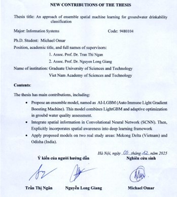 Thông tin tóm tắt về những đóng góp mới của luận án tiến sĩ: : Nghiên cứu phát triển phương pháp học máy kết hợp thông tin không gian cho bài toán phân loại chất lượng nước ngầm.