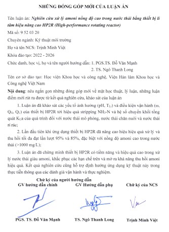 Thông tin tóm tắt về những đóng góp mới của luận án tiến sĩ: Nghiên cứu xử lý amoni nồng độ cao trong nước thải bằng thiết bị li tâm hiệu năng cao HP2R (High-performance rotating reactor)