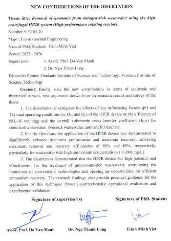 Thông tin tóm tắt về những đóng góp mới của luận án tiến sĩ: Nghiên cứu xử lý amoni nồng độ cao trong nước thải bằng thiết bị li tâm hiệu năng cao HP2R (High-performance rotating reactor)