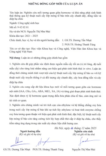 Thông tin tóm tắt về những đóng góp mới của luận án tiến sĩ: Nghiên cứu mối tương quan giữa hormone và khả năng phát sinh hình thái thông qua kỹ thuật nuôi cấy lớp mỏng tế bào trên cây chanh dây, đồng tiền và diệp hạ châu.