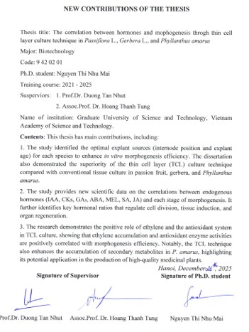 Thông tin tóm tắt về những đóng góp mới của luận án tiến sĩ: Nghiên cứu mối tương quan giữa hormone và khả năng phát sinh hình thái thông qua kỹ thuật nuôi cấy lớp mỏng tế bào trên cây chanh dây, đồng tiền và diệp hạ châu.