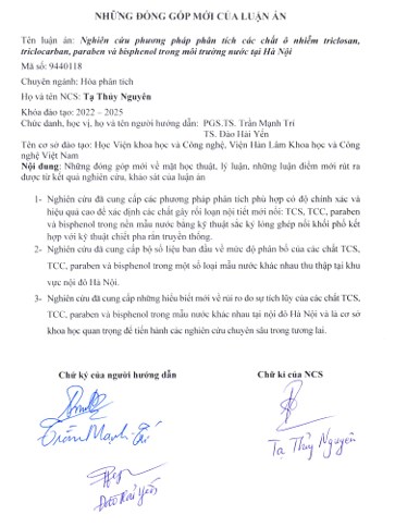 Thông tin tóm tắt về những đóng góp mới của luận án tiến sĩ: Nghiên cứu phương pháp phân tích các chất ô nhiễm triclosan, triclocarban, paraben và bisphenol trong môi trường nước tại Hà Nội.