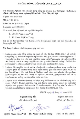 Thông tin tóm tắt về những đóng góp mới của luận án tiến sĩ: Nghiên cứu sự biến động nồng độ arsenic theo thời gian và đánh giá chỉ số chất lượng nước ngầm tại Vạn Phúc, Nam Phù, Hà Nội.