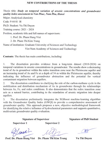 Thông tin tóm tắt về những đóng góp mới của luận án tiến sĩ: Nghiên cứu sự biến động nồng độ arsenic theo thời gian và đánh giá chỉ số chất lượng nước ngầm tại Vạn Phúc, Nam Phù, Hà Nội.