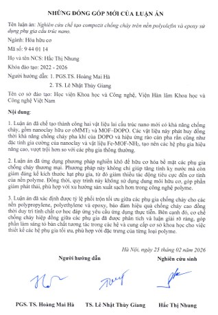 Thông tin tóm tắt về những đóng góp mới của luận án tiến sĩ: Nghiên cứu chế tạo compozit chống cháy trên nền polyolefin và epoxy sử dụng phụ gia cấu trúc nano