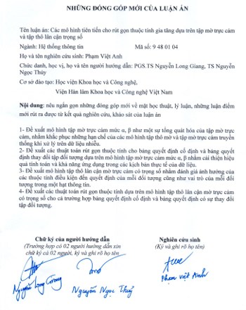 Thông tin tóm tắt về những đóng góp mới của luận án tiến sĩ: Các mô hình tiên tiến cho rút gọn thuộc tính gia tăng dựa trên tập mở trực cảm và tập thô lân cận trọng số