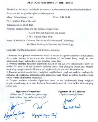 Thông tin tóm tắt về những đóng góp mới của luận án tiến sĩ: Các mô hình tiên tiến cho rút gọn thuộc tính gia tăng dựa trên tập mở trực cảm và tập thô lân cận trọng số