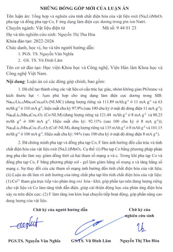 Thông tin tóm tắt về những đóng góp mới của luận án tiến sĩ: Tổng hợp và nghiên cứu tính chất điện hóa của vật liệu oxit (Na,Li)MnO 2 pha tạp và đồng pha tạp Co, F ứng dụng làm điện cực dương trong pin ion Natri.