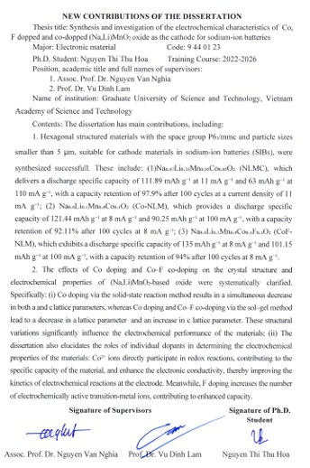 Thông tin tóm tắt về những đóng góp mới của luận án tiến sĩ: Tổng hợp và nghiên cứu tính chất điện hóa của vật liệu oxit (Na,Li)MnO 2 pha tạp và đồng pha tạp Co, F ứng dụng làm điện cực dương trong pin ion Natri.