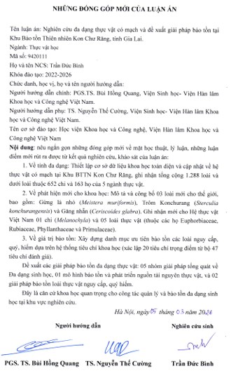 Thông tin tóm tắt về những đóng góp mới của luận án tiến sĩ: Nghiên cứu đa dạng thực vật có mạch và đề xuất giải pháp bảo tồn tại Khu Bảo tồn Thiên nhiên Kon Chư Răng, tỉnh Gia Lai.