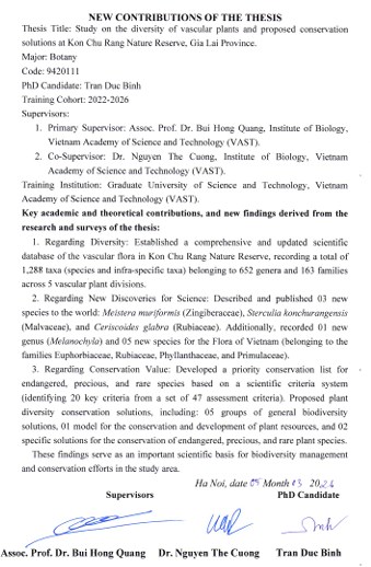 Thông tin tóm tắt về những đóng góp mới của luận án tiến sĩ: Nghiên cứu đa dạng thực vật có mạch và đề xuất giải pháp bảo tồn tại Khu Bảo tồn Thiên nhiên Kon Chư Răng, tỉnh Gia Lai.