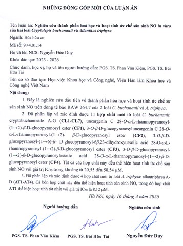 Thông tin tóm tắt về những đóng góp mới của luận án tiến sĩ: Nghiên cứu thành phần hoá học và hoạt tính ức chế sản sinh NO in vitro của hai loài Cryptolepis buchananii và Ailanthus triphysa.