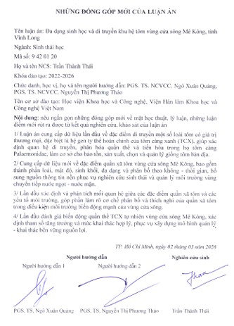 Thông tin tóm tắt về những đóng góp mới của luận án tiến sĩ: Đa dạng sinh học và di truyền khu hệ tôm vùng cửa sông Mê Kông, tỉnh Vĩnh Long.