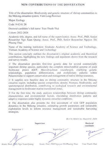 Thông tin tóm tắt về những đóng góp mới của luận án tiến sĩ: Đa dạng sinh học và di truyền khu hệ tôm vùng cửa sông Mê Kông, tỉnh Vĩnh Long.