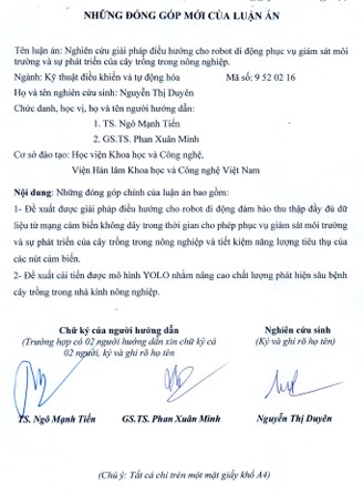 Thông tin tóm tắt về những đóng góp mới của luận án tiến sĩ: Nghiên cứu giải pháp điều hướng cho robot di động phục giám sát môi trường và sự phát triển của cây trồng trong nông nghiệp