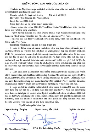 Thông tin tóm tắt về những đóng góp mới của luận án tiến sĩ: : Nghiên cứu sản xuất sinh khối giầu nhựa phân huỷ sinh học (PHB) từ nước thải sinh hoạt bằng vi khuẩn lam