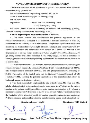Thông tin tóm tắt về những đóng góp mới của luận án tiến sĩ: : Nghiên cứu sản xuất sinh khối giầu nhựa phân huỷ sinh học (PHB) từ nước thải sinh hoạt bằng vi khuẩn lam