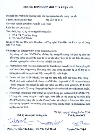 Thông tin tóm tắt về những đóng góp mới của luận án tiến sĩ: Phát triển phương pháp chú thích ảnh dựa trên mạng học sâu.