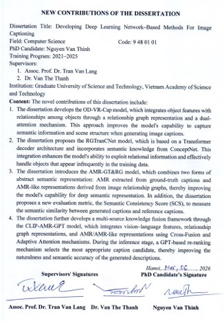 Thông tin tóm tắt về những đóng góp mới của luận án tiến sĩ: Phát triển phương pháp chú thích ảnh dựa trên mạng học sâu.
