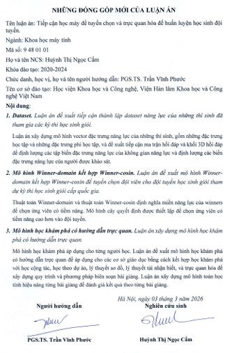 Thông tin tóm tắt về những đóng góp mới của luận án tiến sĩ: Tiếp cận học máy để tuyển chọn và trực quan hoá để huấn luyện học sinh đội tuyển.