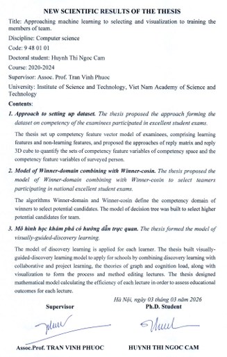 Thông tin tóm tắt về những đóng góp mới của luận án tiến sĩ: Tiếp cận học máy để tuyển chọn và trực quan hoá để huấn luyện học sinh đội tuyển.