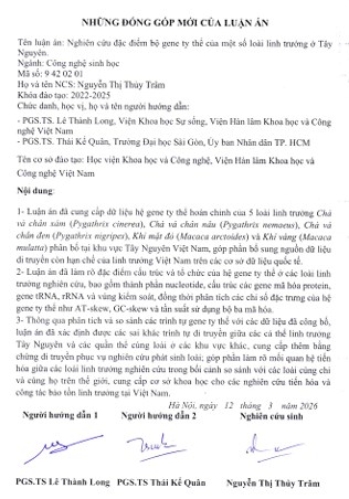 Thông tin tóm tắt về những đóng góp mới của luận án tiến sĩ: Nghiên cứu đặc điểm bộ gene ty thể của một số loài Linh trưởng ở Tây Nguyên.