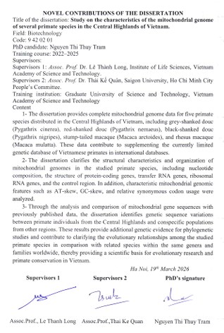 Thông tin tóm tắt về những đóng góp mới của luận án tiến sĩ: Nghiên cứu đặc điểm bộ gene ty thể của một số loài Linh trưởng ở Tây Nguyên.
