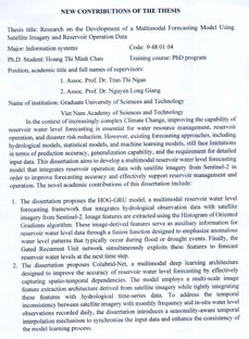 Thông tin tóm tắt về những đóng góp mới của luận án tiến sĩ: Nghiên cứu phát triển mô hình dự báo đa mô thức từ ảnh vệ tinh và dữ liệu vận hành hồ
