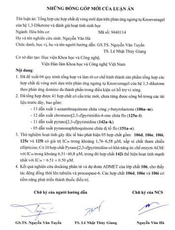 Thông tin tóm tắt về những đóng góp mới của luận án tiến sĩ: Tổng hợp các hợp chất dị vòng mới dựa trên phản ứng ngưng tụ Knoevenagel của hệ 1,3-Diketone và đánh giá hoạt tính sinh học.