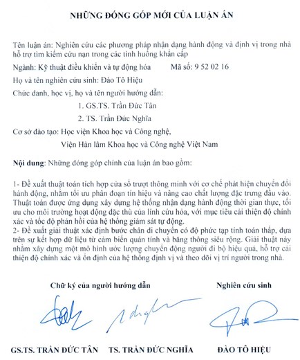 Thông tin tóm tắt về những đóng góp mới của luận án tiến sĩ: Nghiên cứu các phương pháp nhận dạng hành động và định vị trong nhà hỗ trợ tìm kiếm cứu nạn trong các tình huống khẩn cấp.