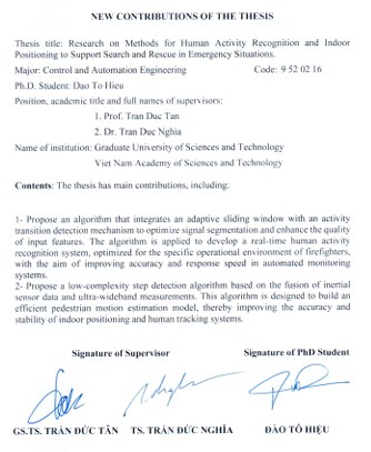 Thông tin tóm tắt về những đóng góp mới của luận án tiến sĩ: Nghiên cứu các phương pháp nhận dạng hành động và định vị trong nhà hỗ trợ tìm kiếm cứu nạn trong các tình huống khẩn cấp.