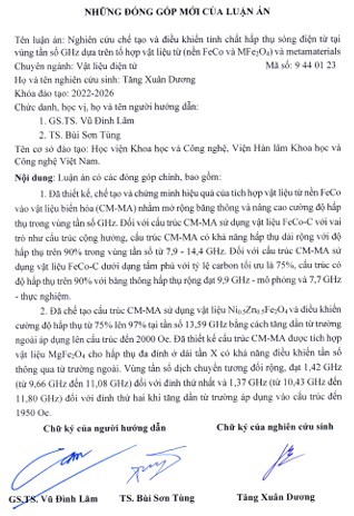 Thông tin tóm tắt về những đóng góp mới của luận án tiến sĩ: Nghiên cứu chế tạo và điều khiển tính chất hấp thụ sóng điện từ tại vùng tần số GHz dựa trên tổ hợp vật liệu từ (nền FeCo và MFe 2 O 4 ) và metamaterials.