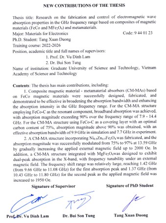 Thông tin tóm tắt về những đóng góp mới của luận án tiến sĩ: Nghiên cứu chế tạo và điều khiển tính chất hấp thụ sóng điện từ tại vùng tần số GHz dựa trên tổ hợp vật liệu từ (nền FeCo và MFe 2 O 4 ) và metamaterials.