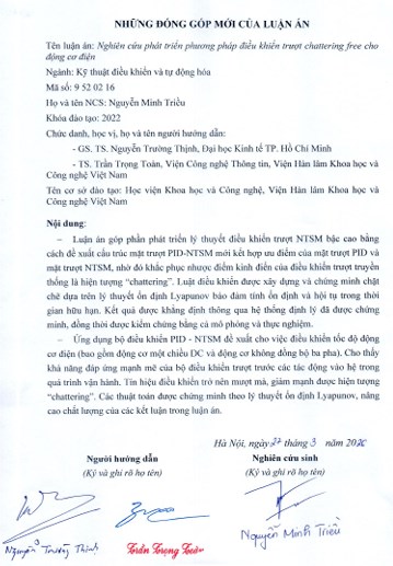 Thông tin tóm tắt về những đóng góp mới của luận án tiến sĩ: Nghiên cứu phát triển phương pháp điều khiển trượt chattering free cho động cơ điện.