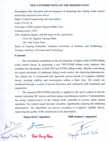 Thông tin tóm tắt về những đóng góp mới của luận án tiến sĩ: Nghiên cứu phát triển phương pháp điều khiển trượt chattering free cho động cơ điện.
