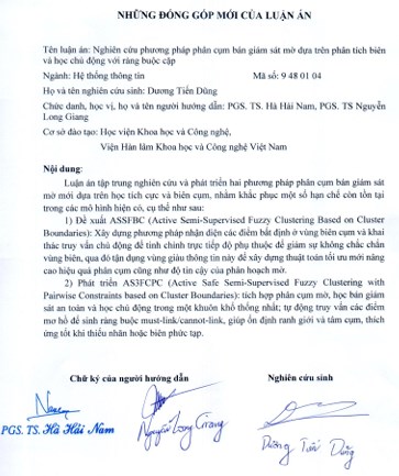 Thông tin tóm tắt về những đóng góp mới của luận án tiến sĩ: Nghiên cứu phương pháp phân cụm bán giám sát mờ dựa trên phân tích biên và học chủ động với ràng buộc cặp.