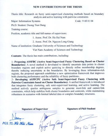 Thông tin tóm tắt về những đóng góp mới của luận án tiến sĩ: Nghiên cứu phương pháp phân cụm bán giám sát mờ dựa trên phân tích biên và học chủ động với ràng buộc cặp.