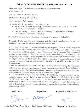 Thông tin tóm tắt về những đóng góp mới của luận án tiến sĩ: Vai trò của từ trường trong quá trình hình thành sao.