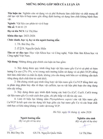 Thông tin tóm tắt về những đóng góp mới của luận án tiến sĩ: Nghiên cứu sử dụng vỏ cà phê Robusta làm chất khử và chất mang để chế tạo vật liệu tổ hợp nano gốc đồng định hướng sử dụng làm chất kháng bệnh thực vật.