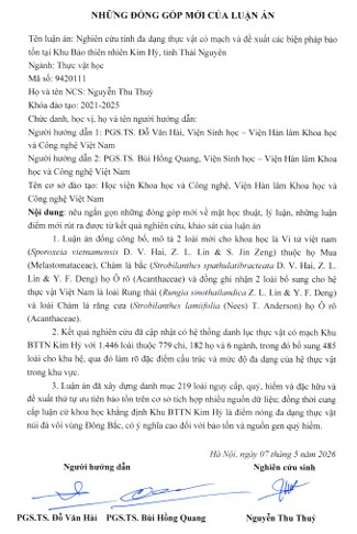 Thông tin tóm tắt về những đóng góp mới của luận án tiến sĩ: Nghiên cứu tính đa dạng thực vật có mạch và đề xuất các biện pháp bảo tồn tại Khu Bảo thiên nhiên Kim Hỷ, tỉnh Thái Nguyên.