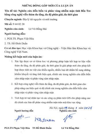 Thông tin tóm tắt về những đóng góp mới của luận án tiến sĩ: Nghiên cứu diễn biến và phân vùng nhiễm mặn tỉnh Bến Tre bằng công nghệ viễn thám đa tầng, đa độ phân giải, đa thời gian.